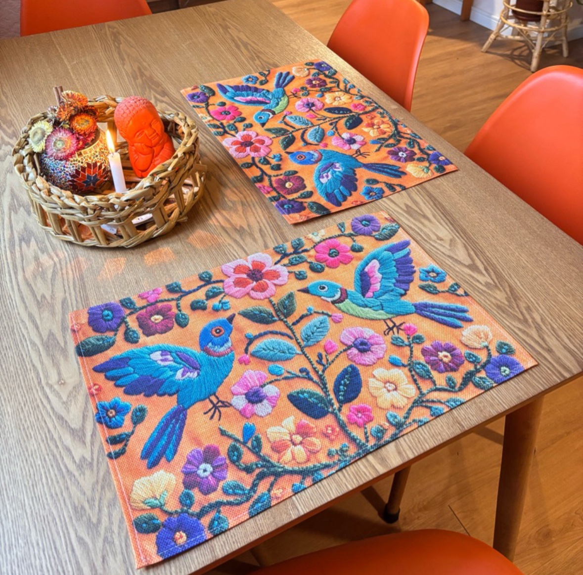 Pajaritos u flores con fondo mostaza - Imagen 3